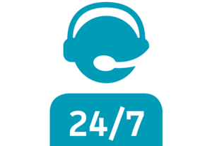 Icon Helpdesk, Person mit Headset und Aufschrift 24/7